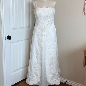 Beaded White Satin Wedding Gown Aspeed Strapless A-Line Empire Waist Dress